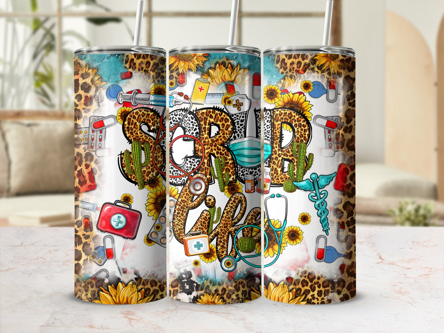 Tumbler with medical symbols, sunflowers, and leopard print.