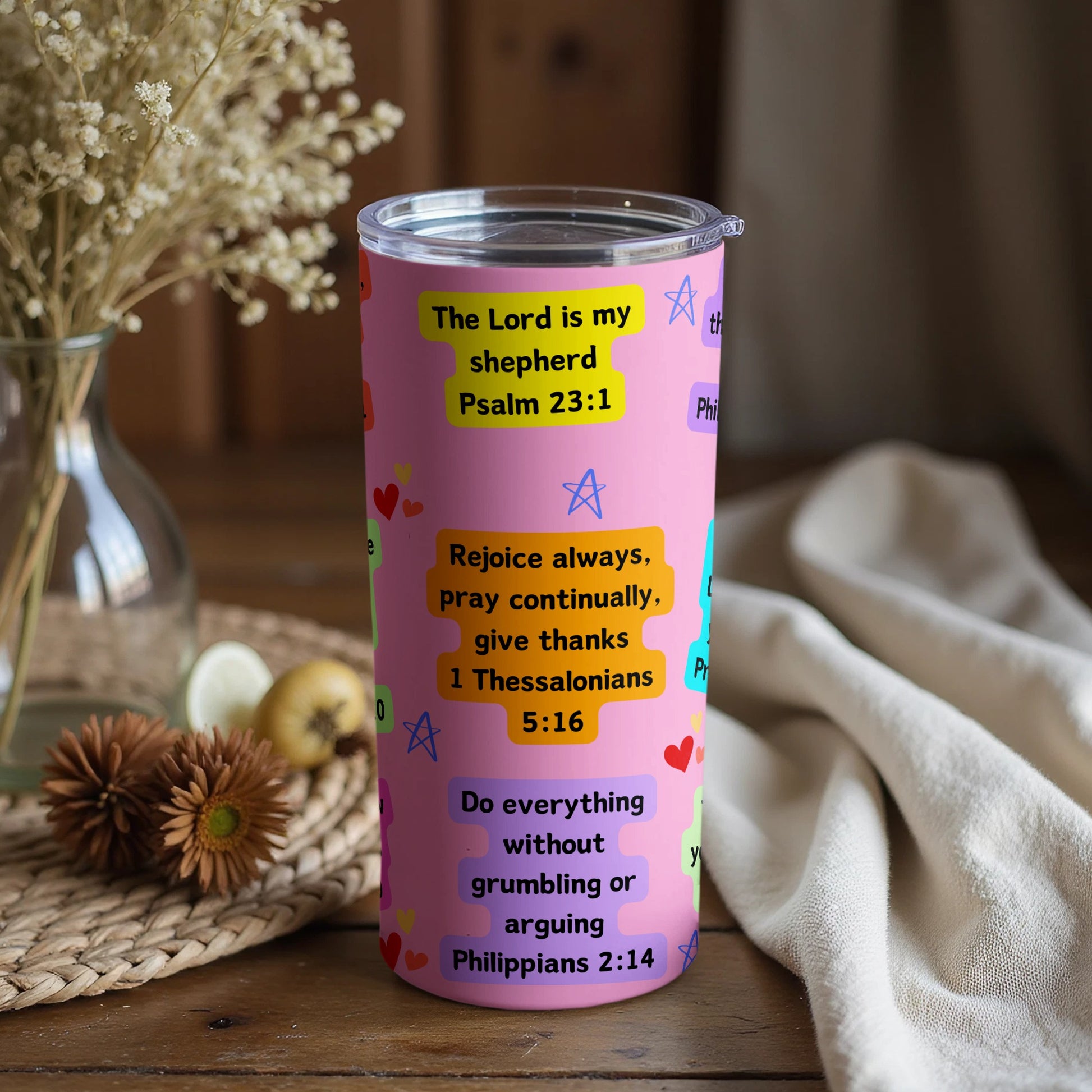 Inspirational Bible Verse Pink Tumbler Travel Mug