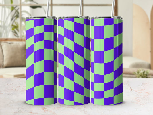 Three tumblers with a green and purple checkerboard pattern.