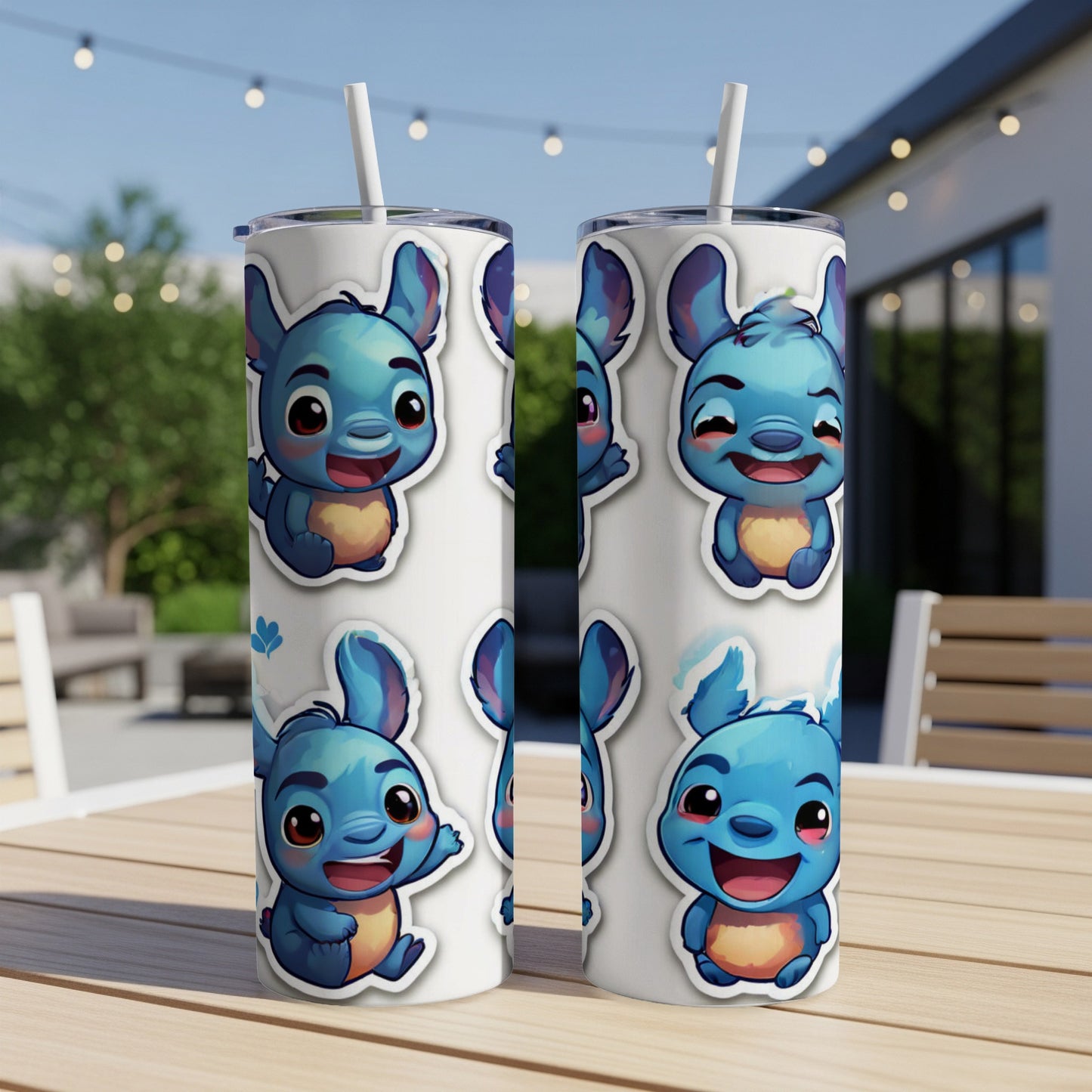 Two white tumblers with Stitch-like cartoon character stickers, outdoors.