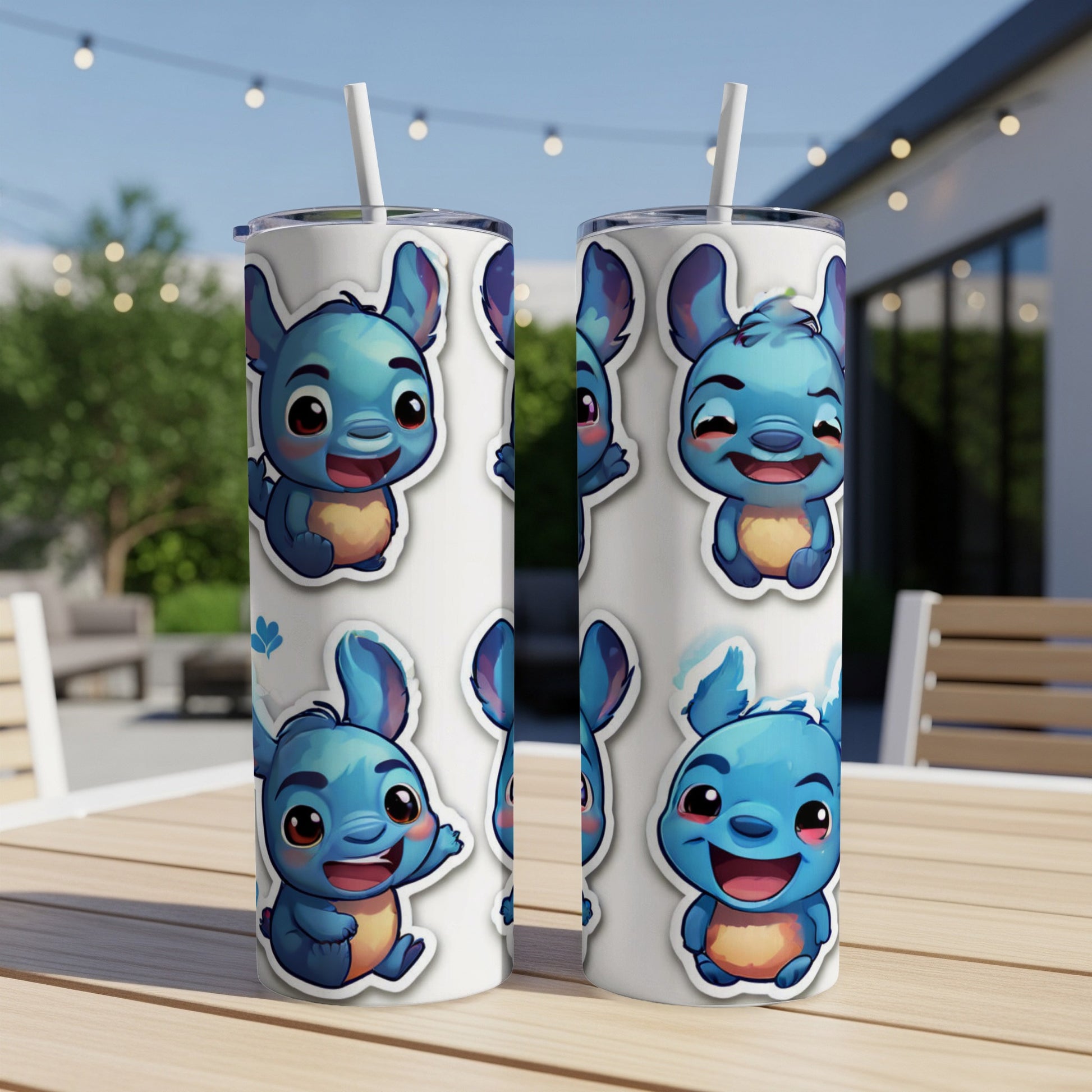 Two white tumblers with Stitch-like cartoon character stickers, outdoors.