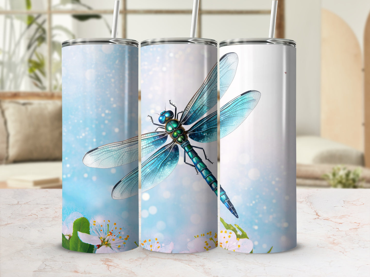 Blue Dragonfly with Flowers Tumbler Design Flask