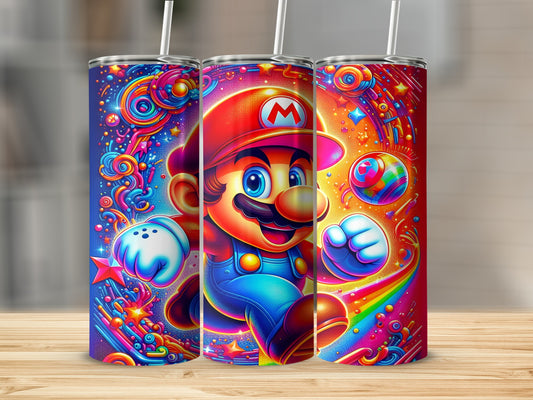 Mario leaping through a colorful, starry galaxy on a skinny tumbler.