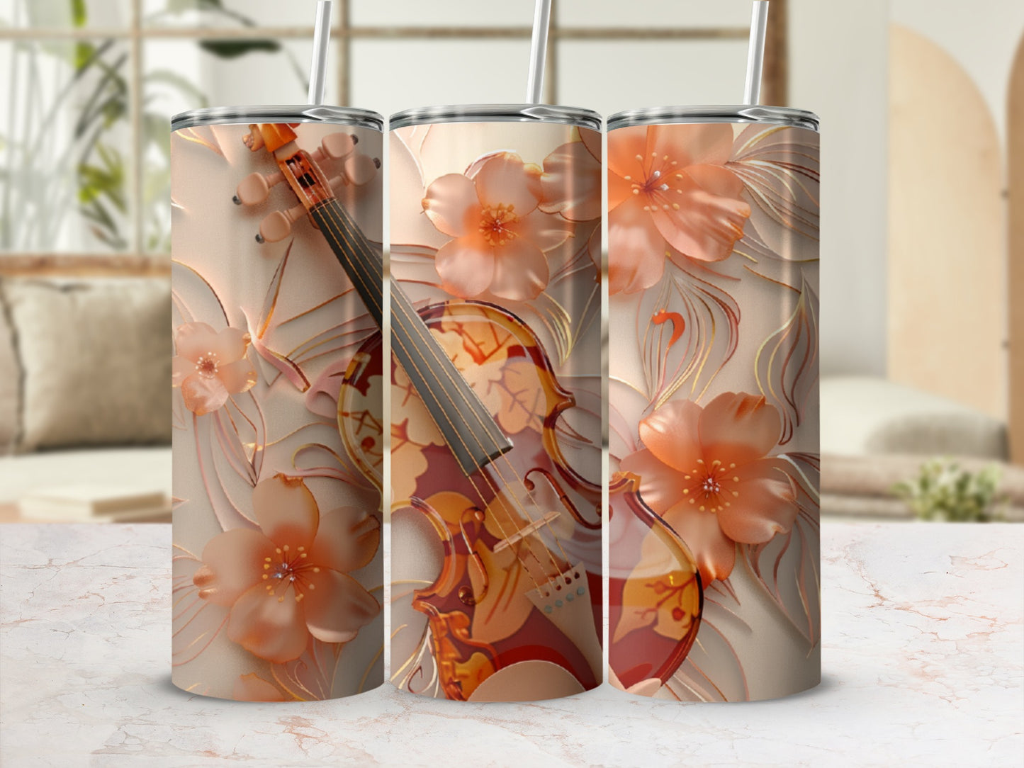 Three tumblers with a floral violin design and textured peach background.