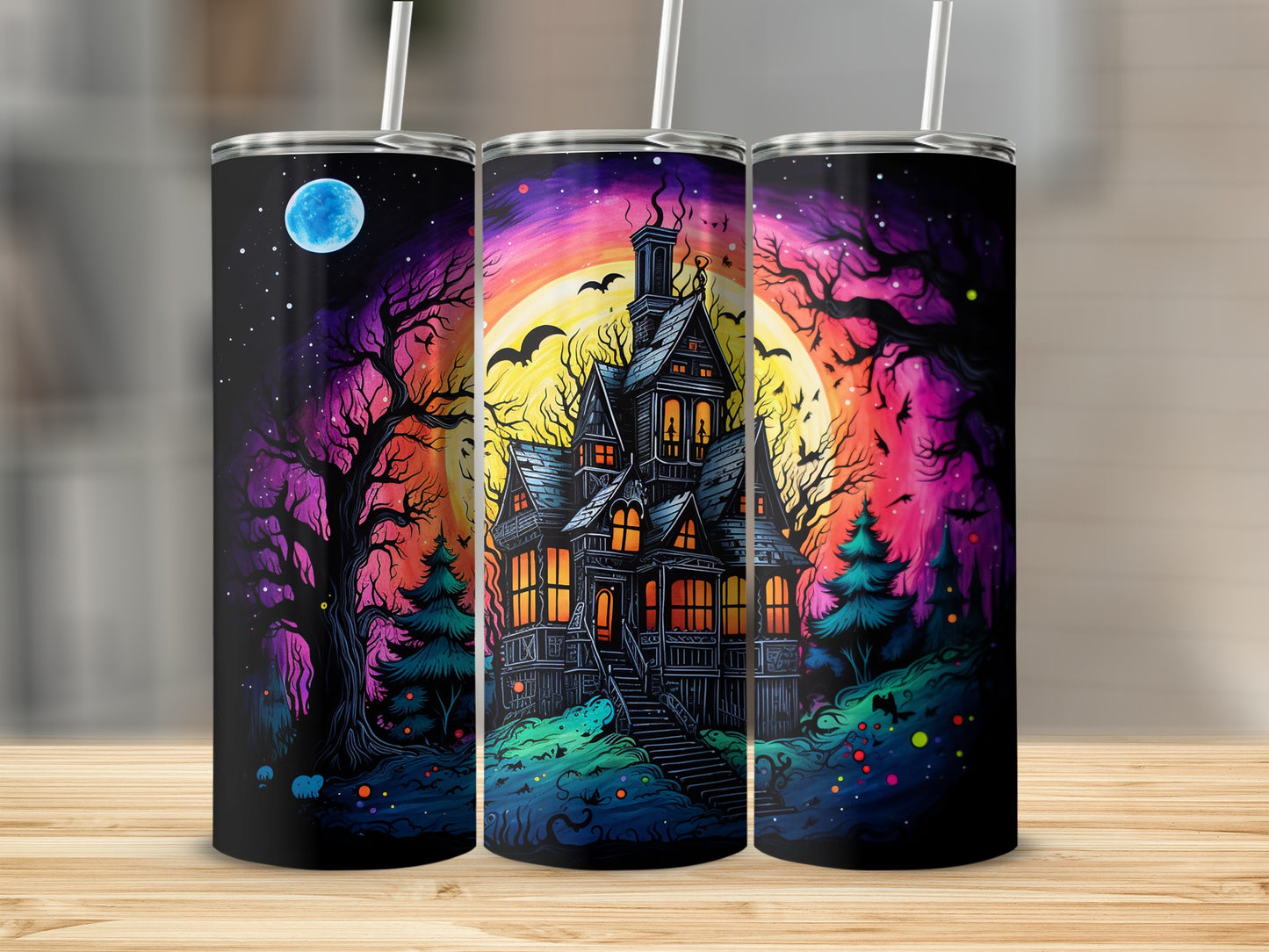Haunted House Halloween Tumbler with Spooky Night Design