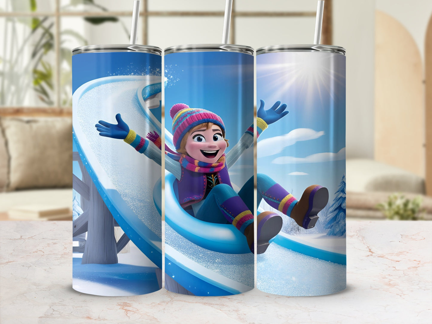 Anna from Frozen slides down a snowy hill on a blue tube.