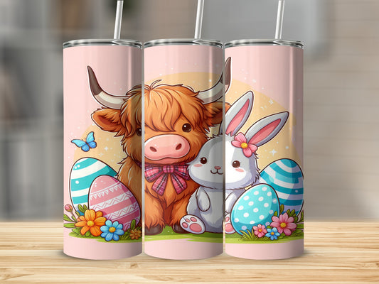 Highland cow and bunny with Easter eggs and flowers on pink tumblers.