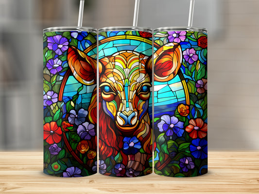 Stained glass style deer with colorful flowers on a tumbler.