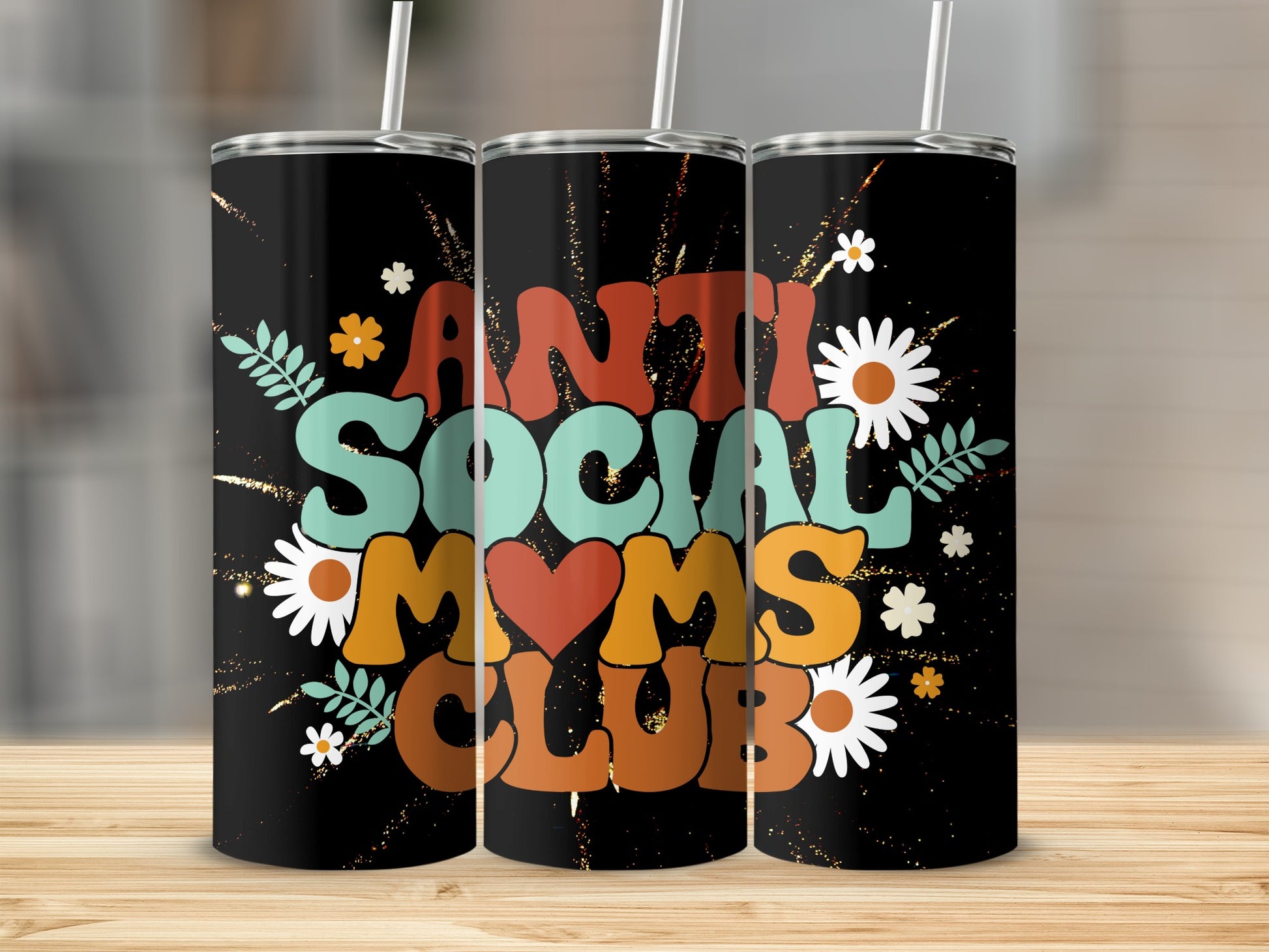 Anti Social Moms Club Colorful Daisy Pattern Flask