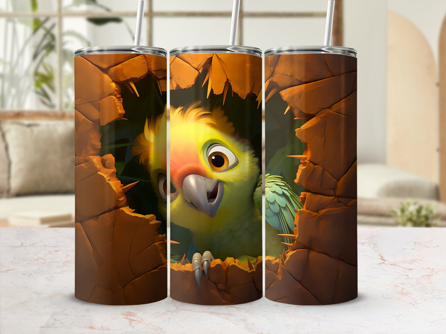 Vibrant Cartoon Parrot Cracked Shell Design Tumbler Product