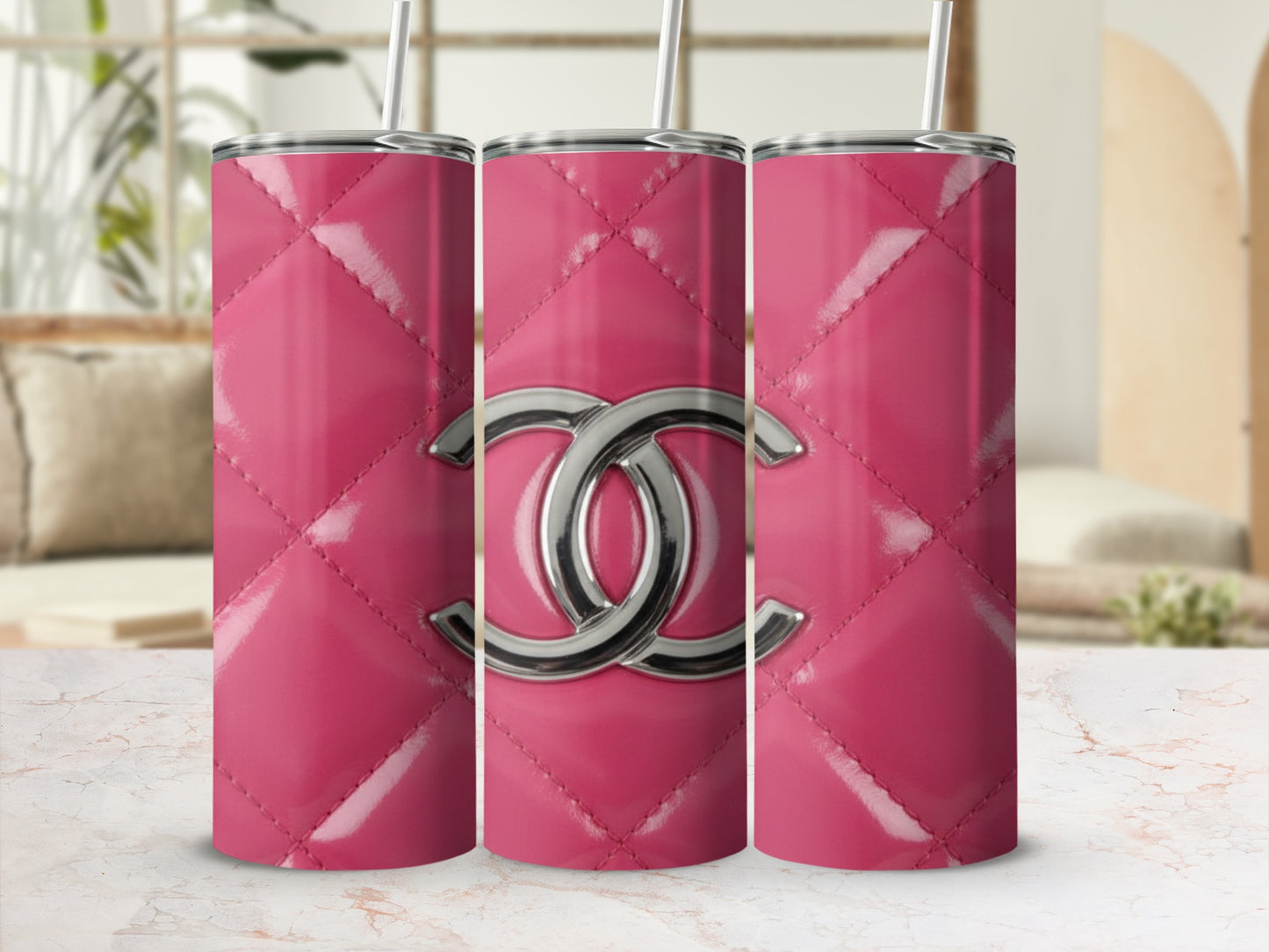 Hot Pink Quilted Pattern Shiny Logo Design Tumblers