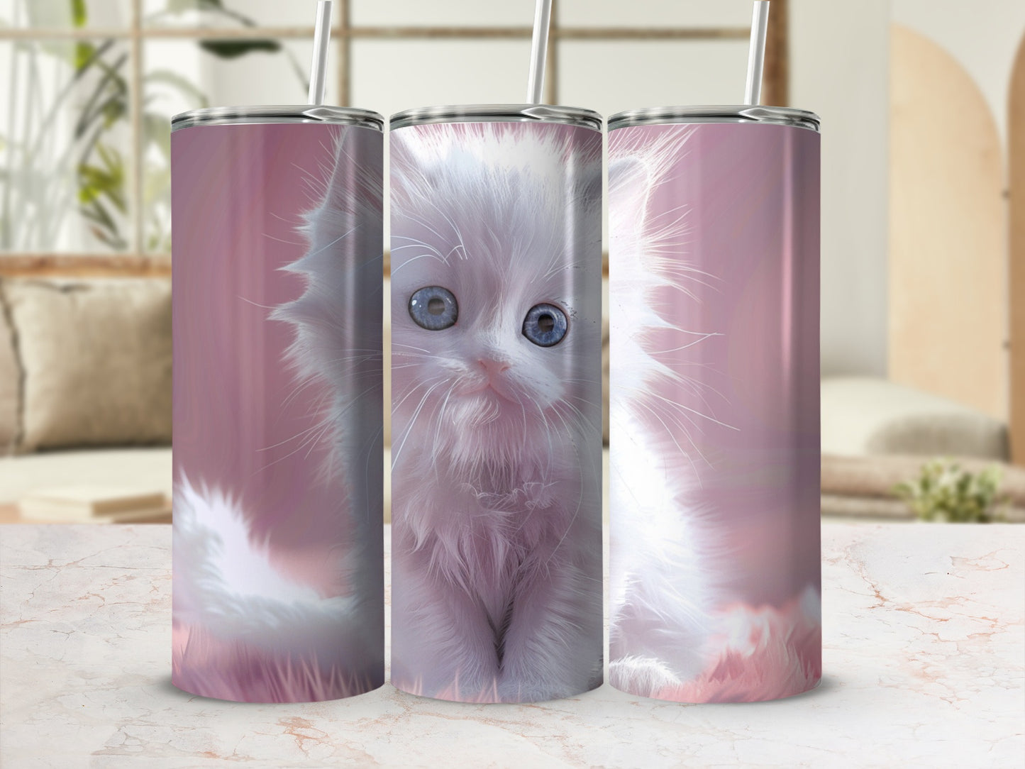 Fluffy white kitten with big blue eyes on a pink gradient tumbler.