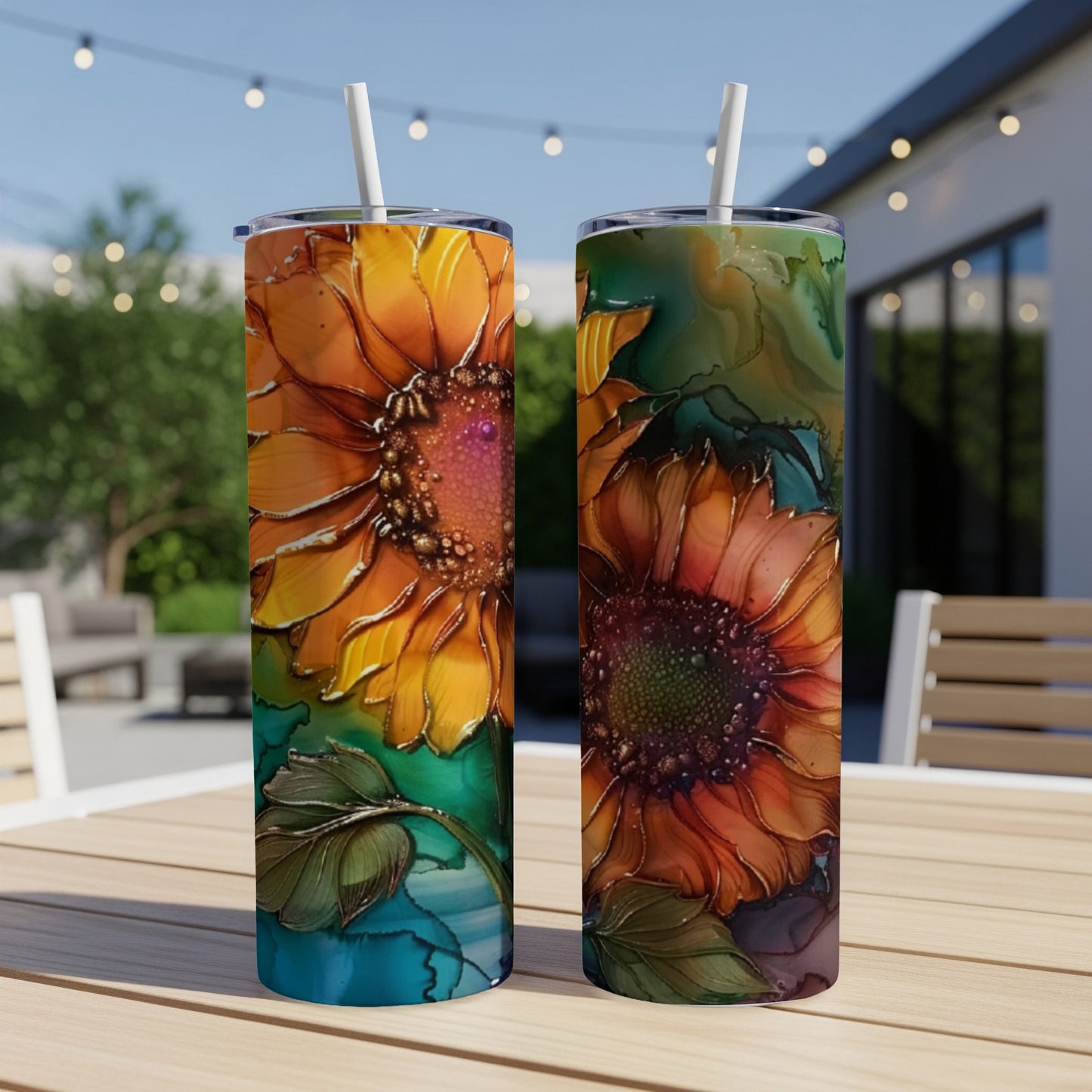 Two tall, cylindrical tumblers featuring vibrant sunflower artwork on a wooden table outdoors.