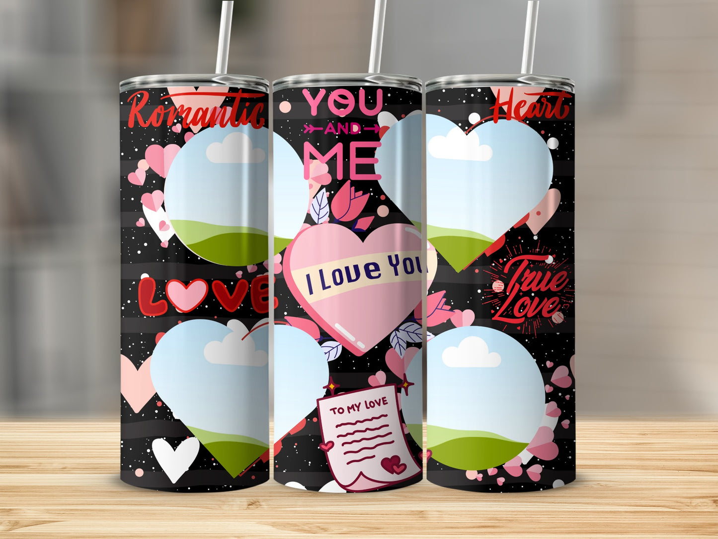 Three tumblers with romantic and Valentine's Day themed designs and customizable photo spots.