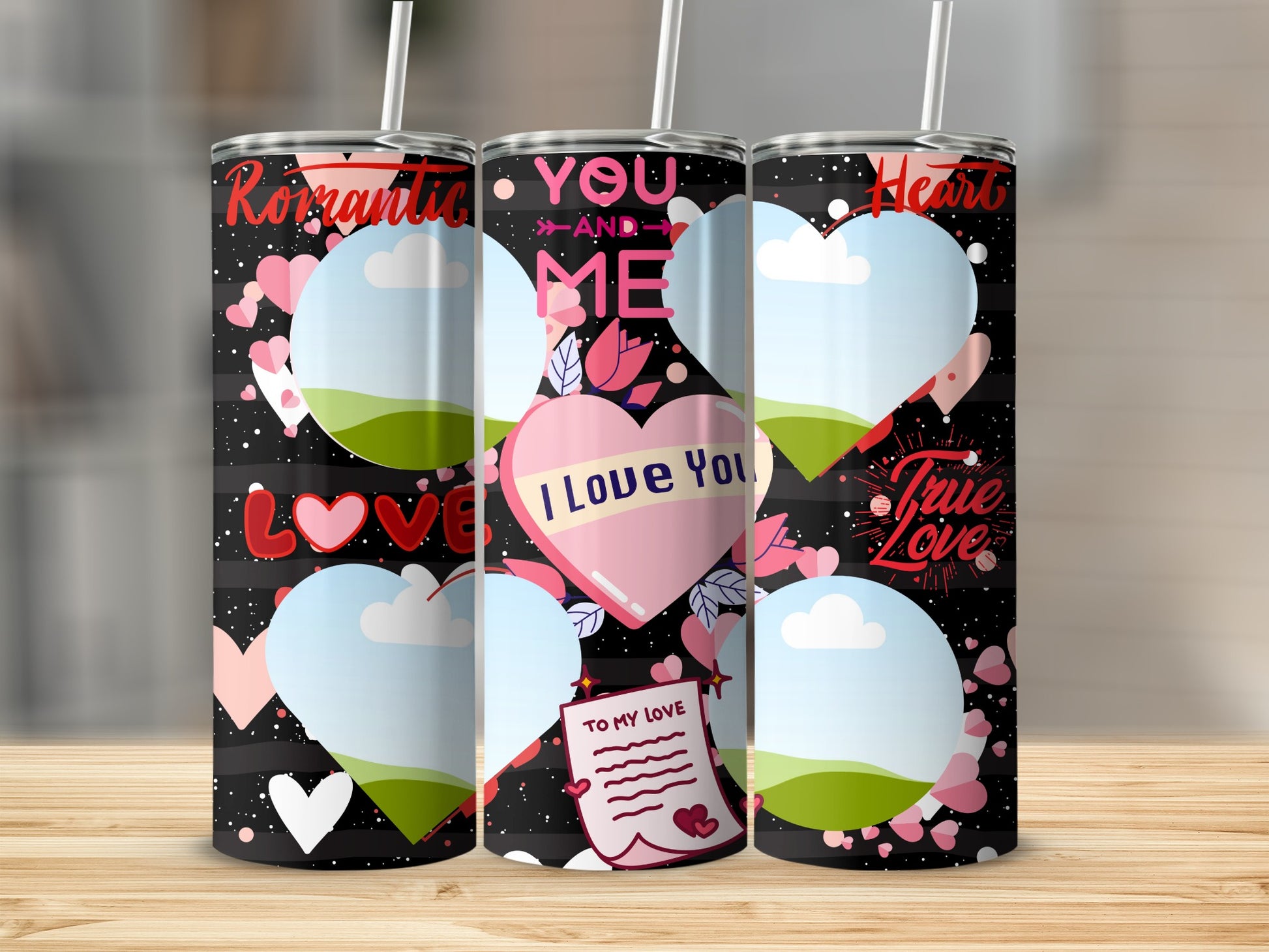 Three tumblers with romantic and Valentine's Day themed designs and customizable photo spots.