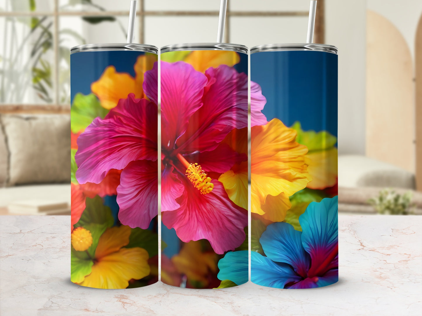 Vibrant Hibiscus Blooms Blue Theme product type
