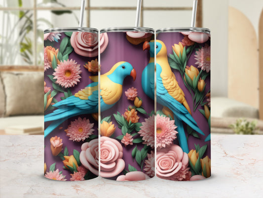 Two parakeets surrounded by colorful flowers on a purple background.