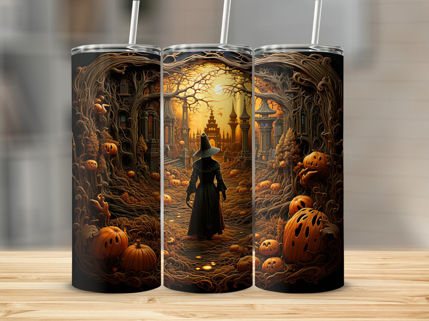 Witch and pumpkins walk a path through a haunted forest at sunset.