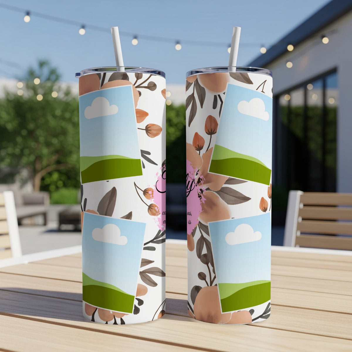 Two tumblers with a floral pattern and embedded landscape photos.