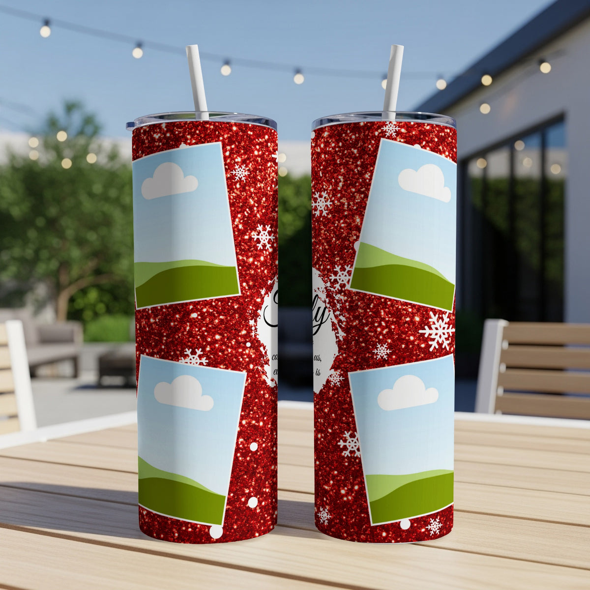 Two tumblers with red glitter and personalized photo frames, set outdoors.