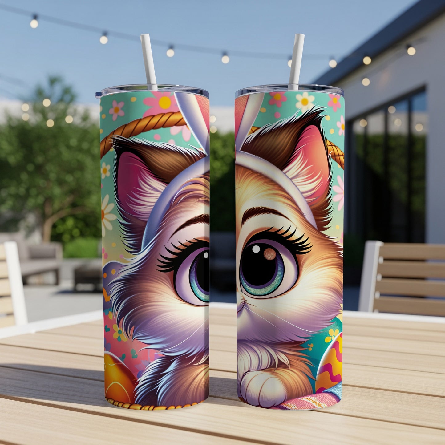 Two tall tumblers featuring a cute cartoon cat with Easter eggs and floral background.
