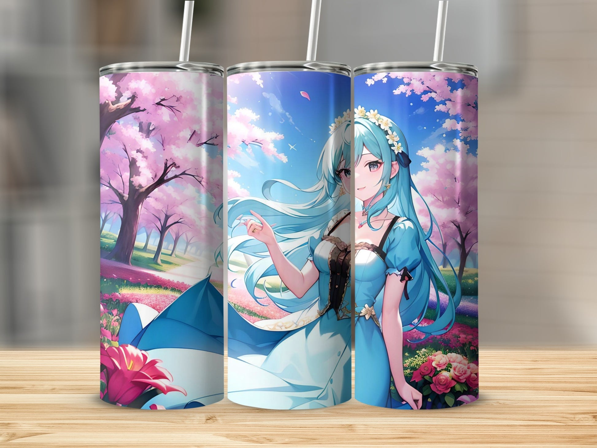Anime Girl in Floral Landscape Tumbler Cup with Straw