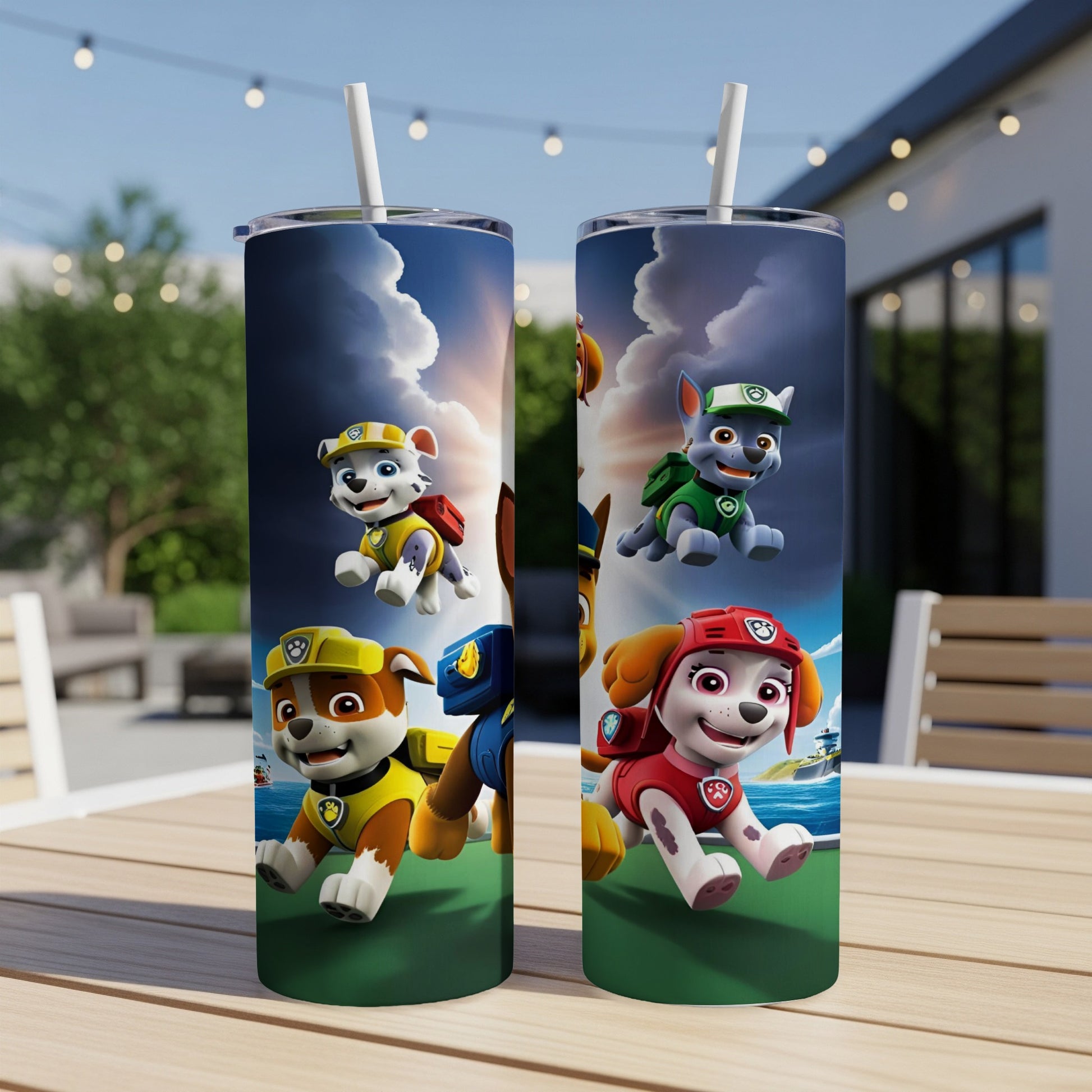 Two Paw Patrol tumblers with characters Ryder, Chase, and Marshall.