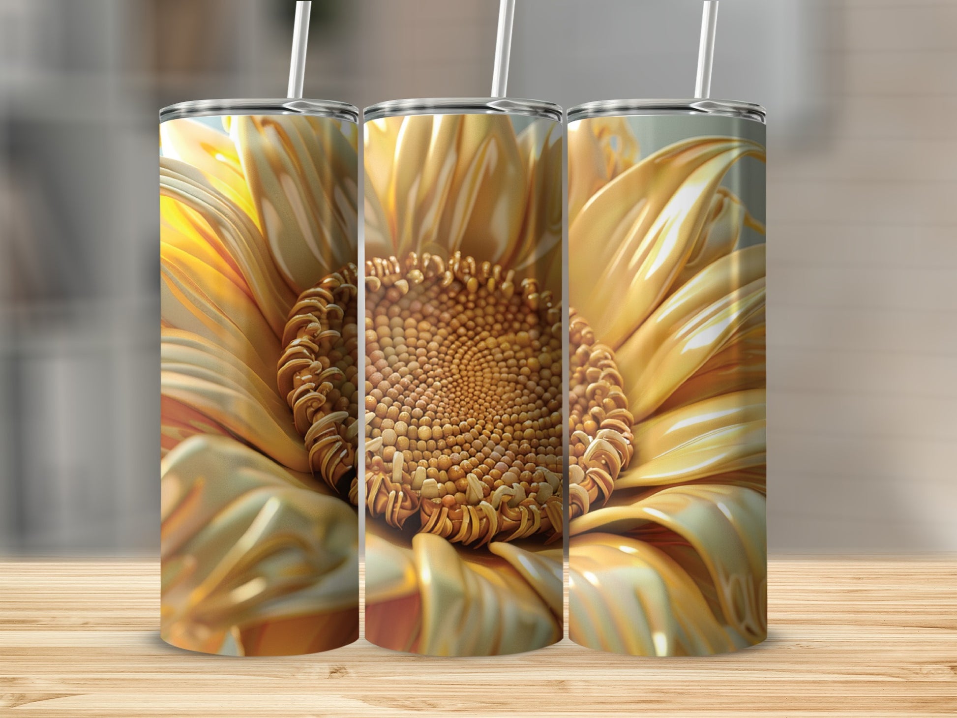 Three tumblers with a close-up sunflower design on a wooden surface.