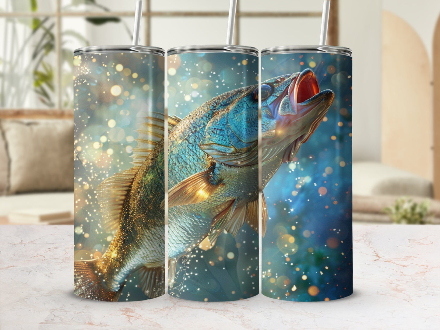 Three tumblers featuring a leaping bass against a bokeh background.