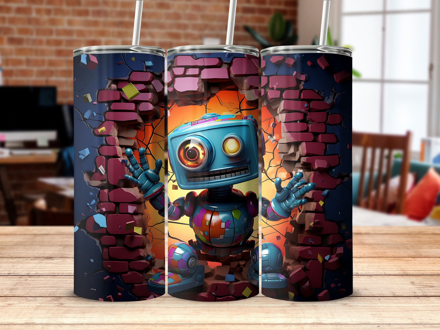 3D Brick Wall Robot Design Stainless Steel Tumbler
