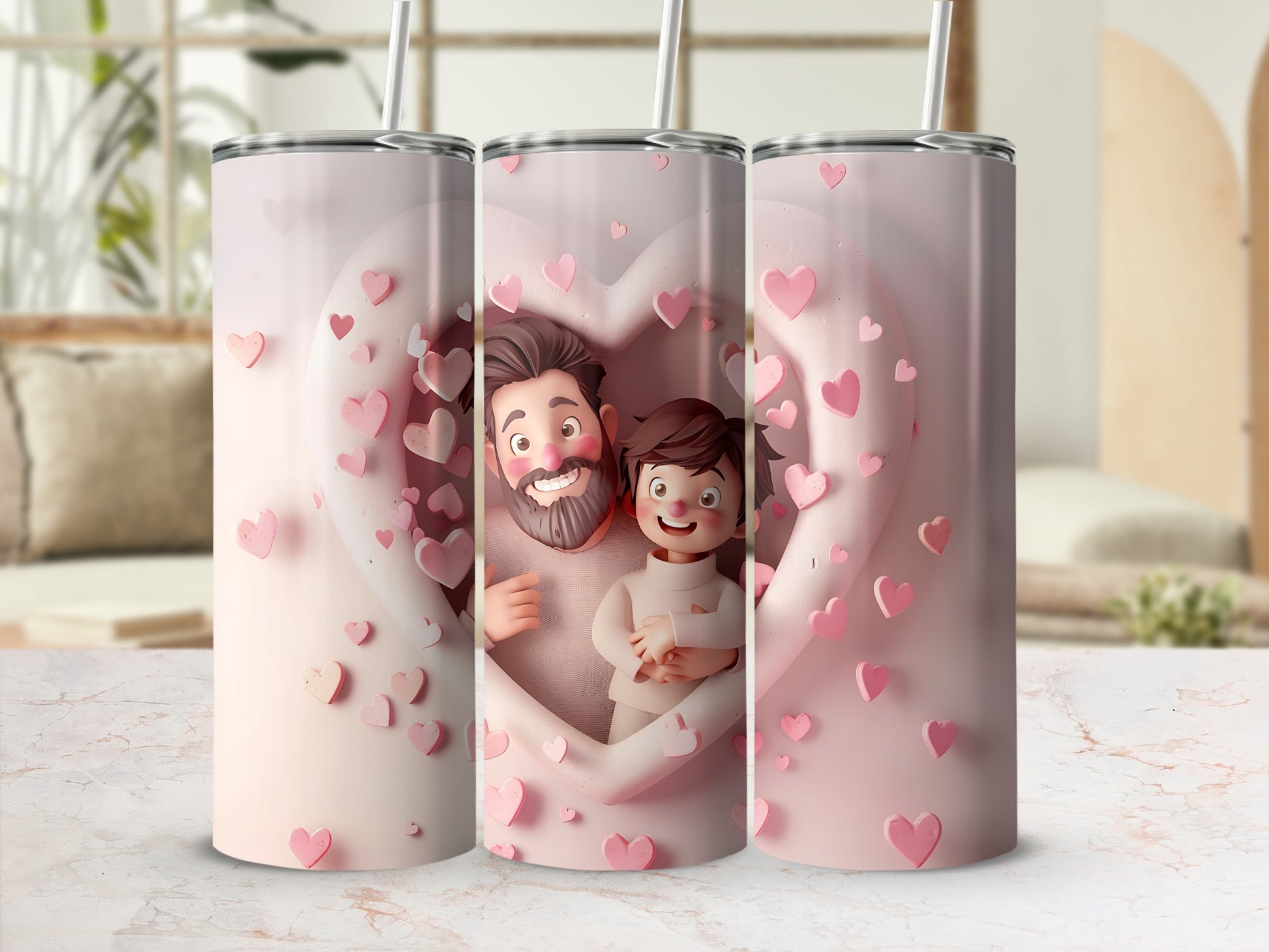 Father and son embraced within a pink heart, surrounded by floating hearts.