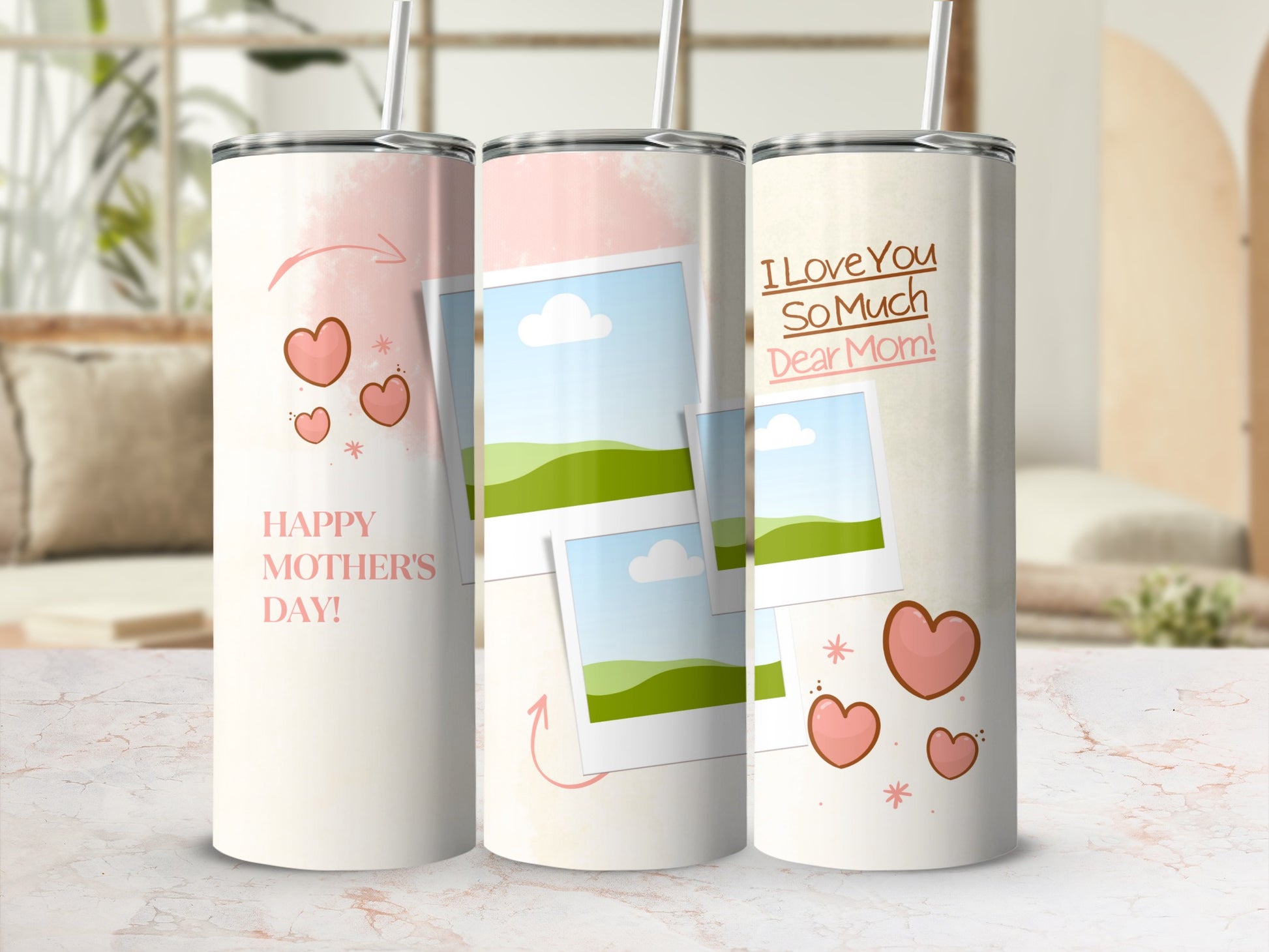 Three tumblers with Mother's Day designs and photo frame graphics.