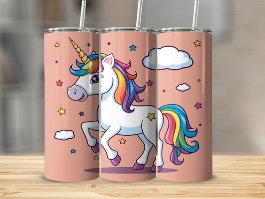 White unicorn with rainbow mane and tail on pink background with stars and clouds.