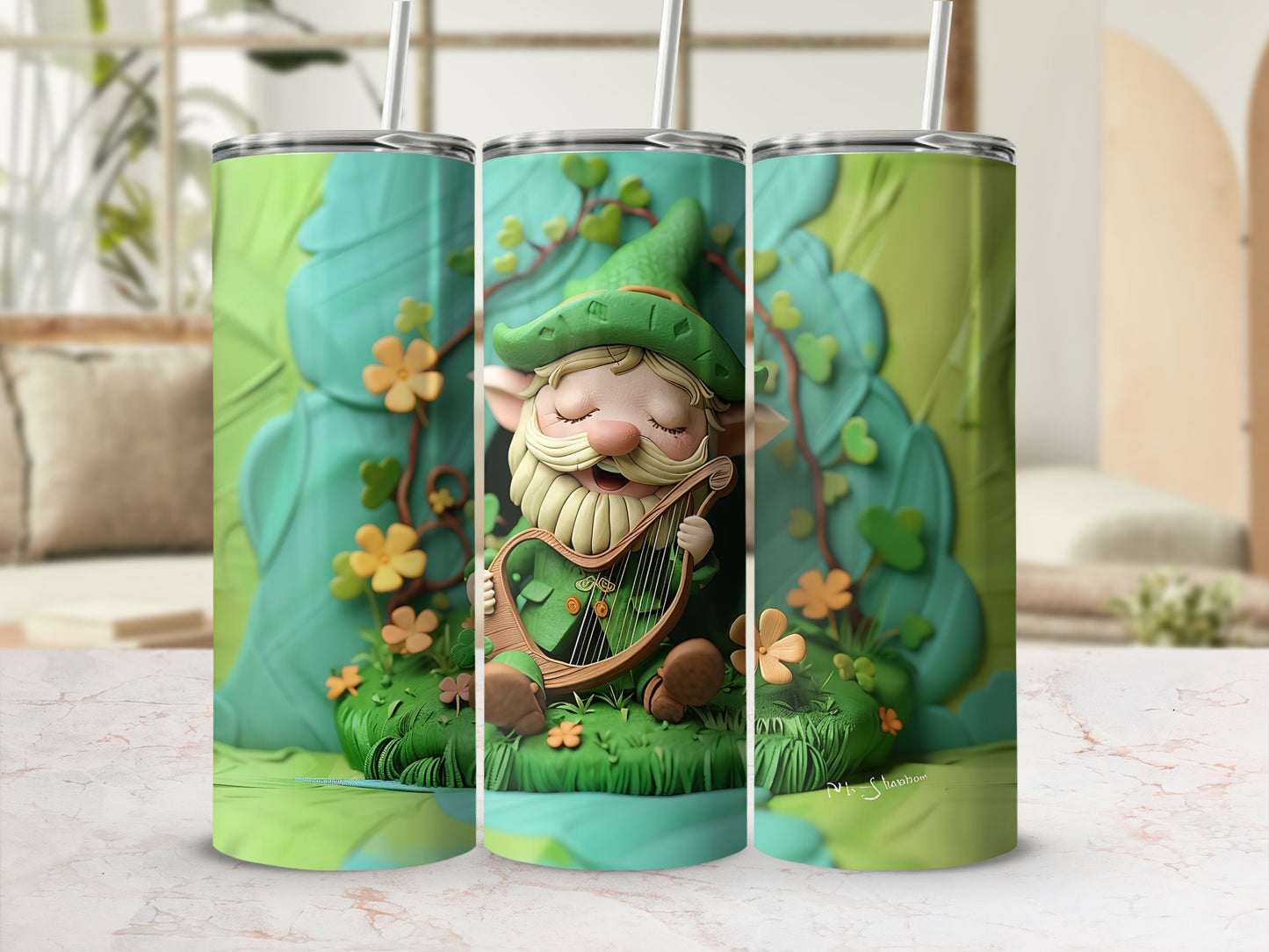 Leprechaun playing a harp amongst flowers and leaves.
