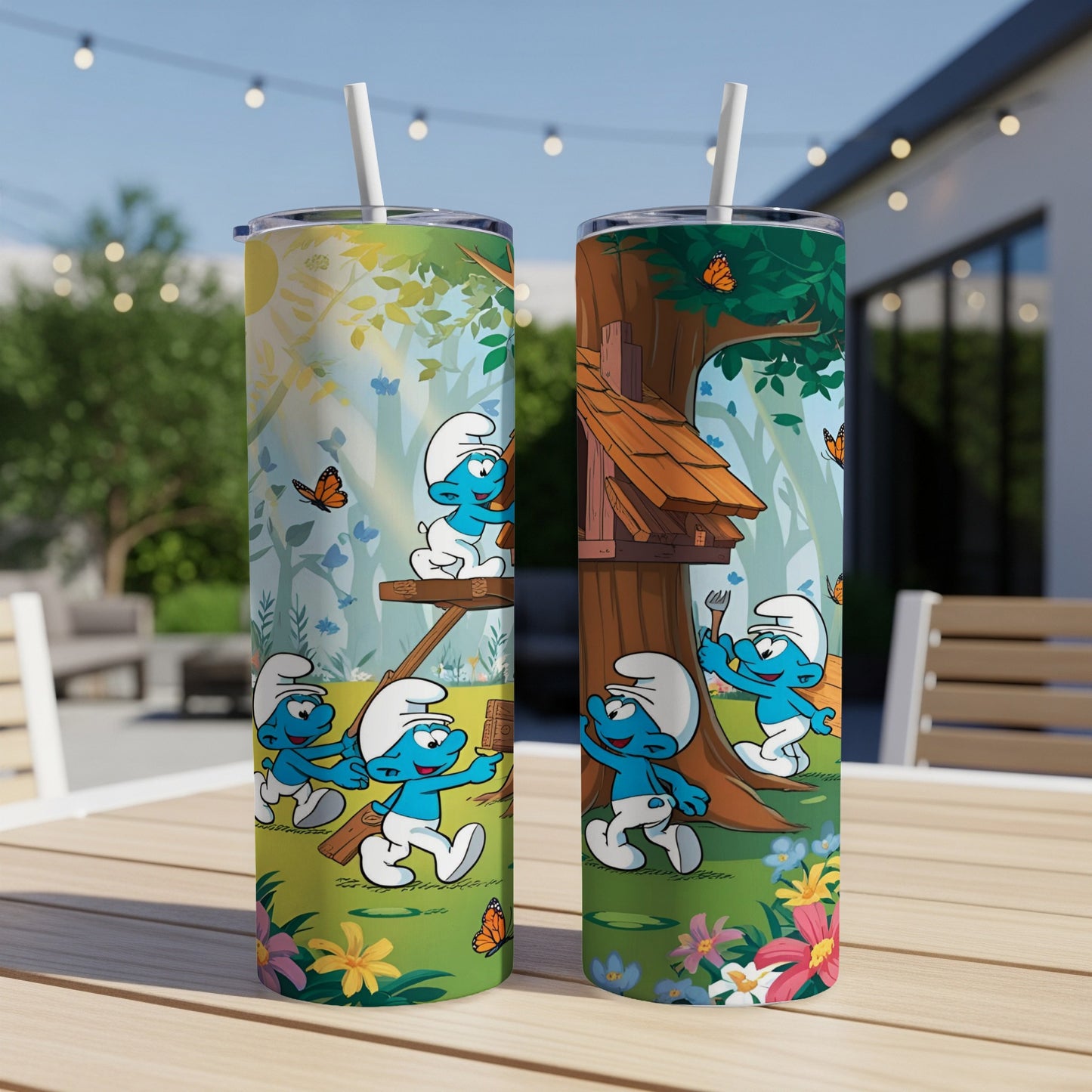 Two Smurfs tumblers featuring woodland scenes and Smurfs characters.