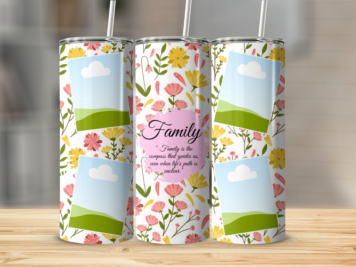 Tumblers with floral print, picture frames, and the quote "Family is the compass that guides us".