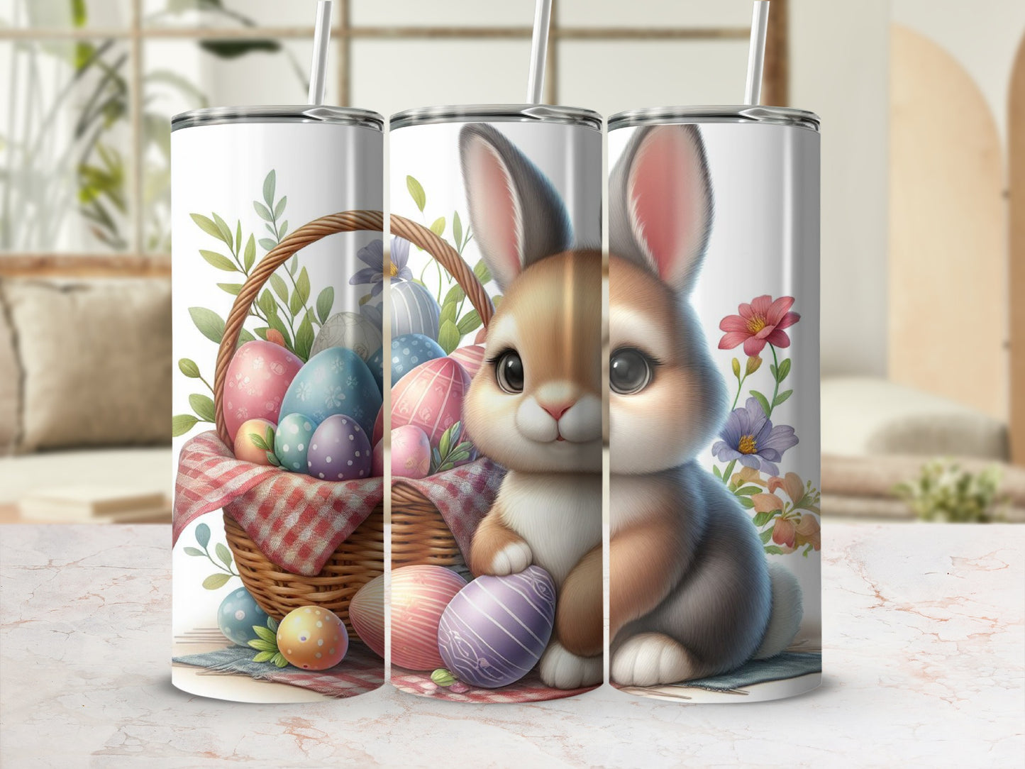 Easter bunny and basket with decorated eggs and flowers.