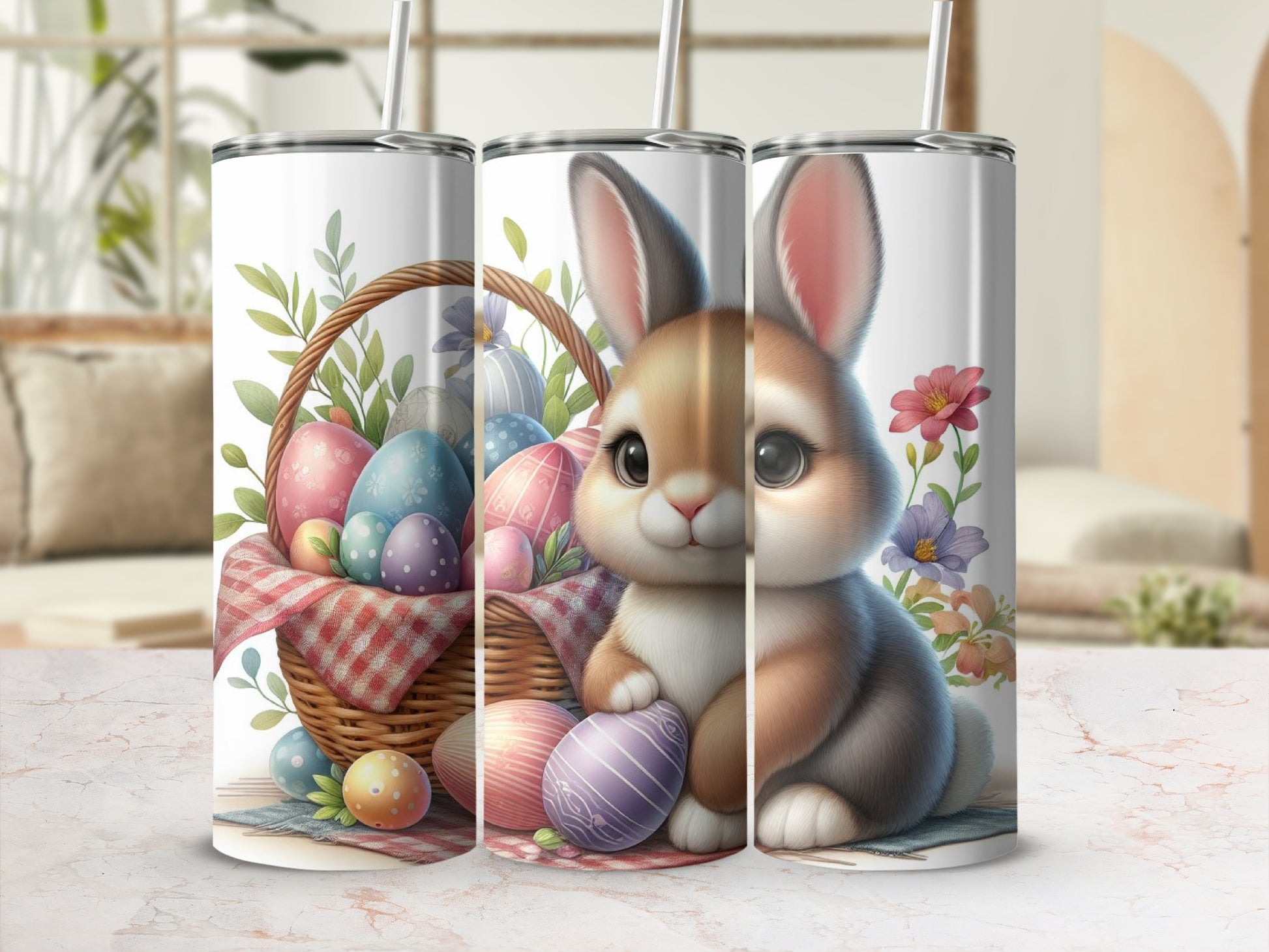 Easter bunny and basket with decorated eggs and flowers.