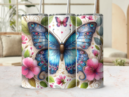 Three tumblers featuring a large blue butterfly and pink floral accents.