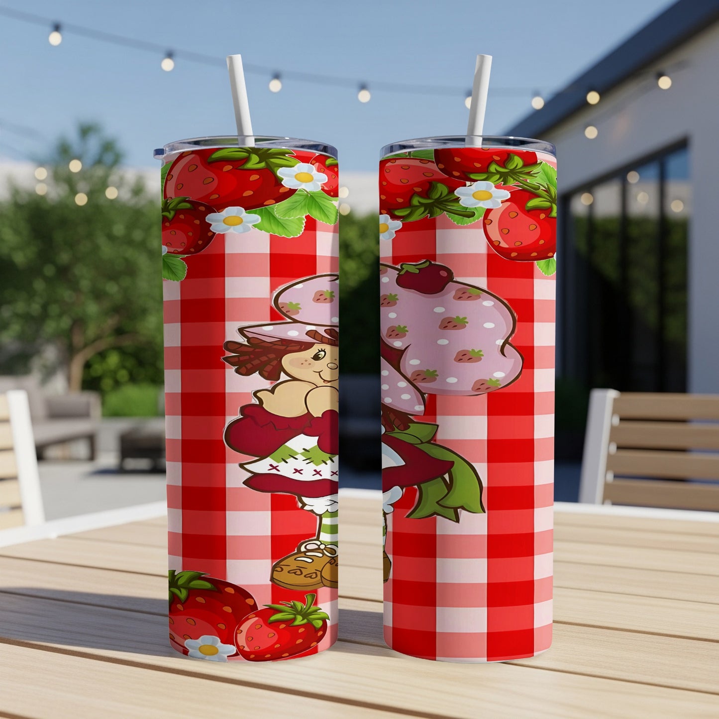 Strawberry Shortcake tumbler with red gingham pattern and strawberries.