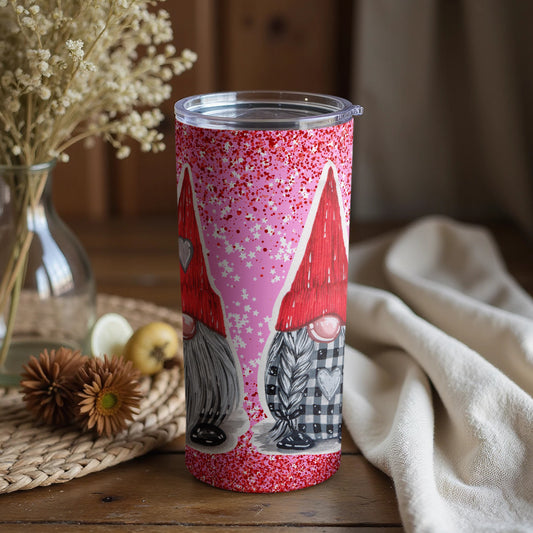 Red Gnome Tumbler With Pink Glitter Background