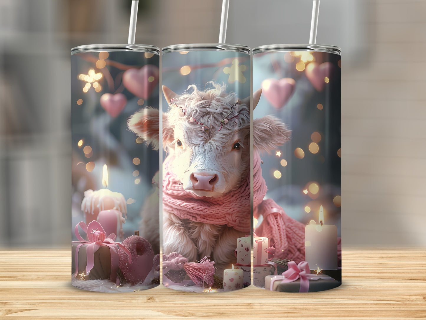 Cute cow wearing a pink scarf, surrounded by hearts and candles.