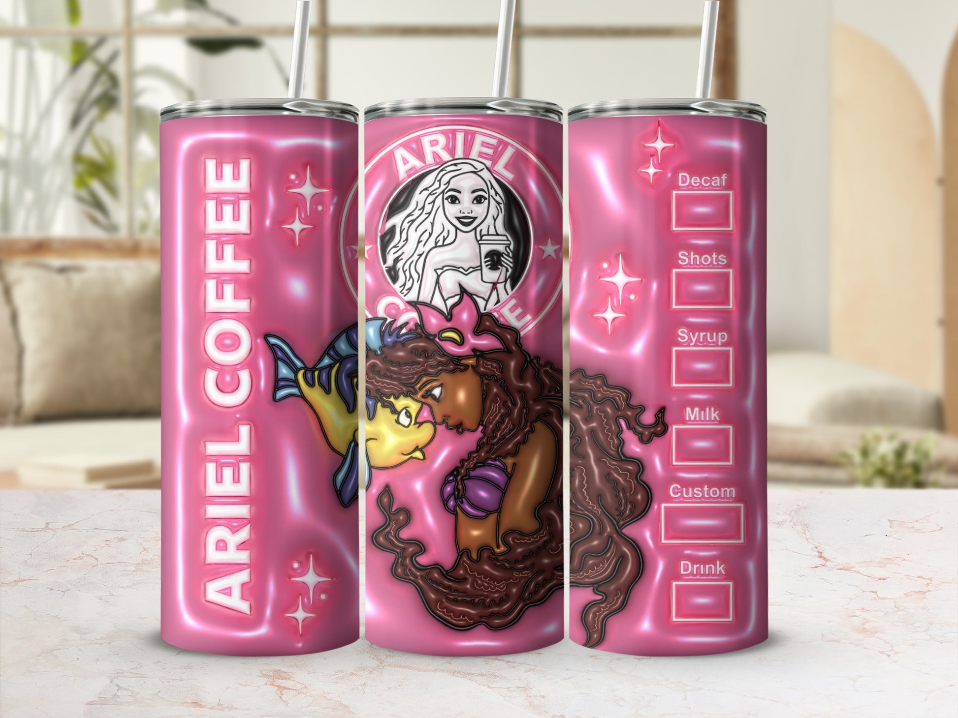 Ariel Coffee Mermaid Design Tumbler with Straw