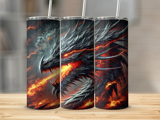 Fiery Dragon Artwork Tumbler with Straw Roaring Flames