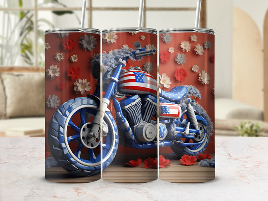 Triptych of a motorcycle with American flag design and floral accents.