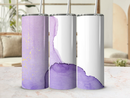 Three tall tumblers with purple watercolor and gold splatter designs.