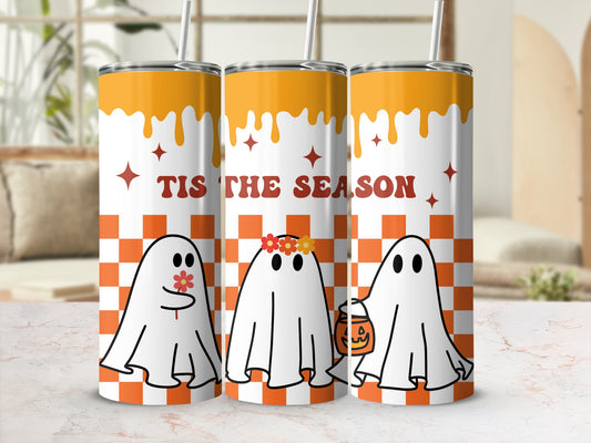 Three tumblers with ghosts and "Tis the Season" text against an orange checkerboard.