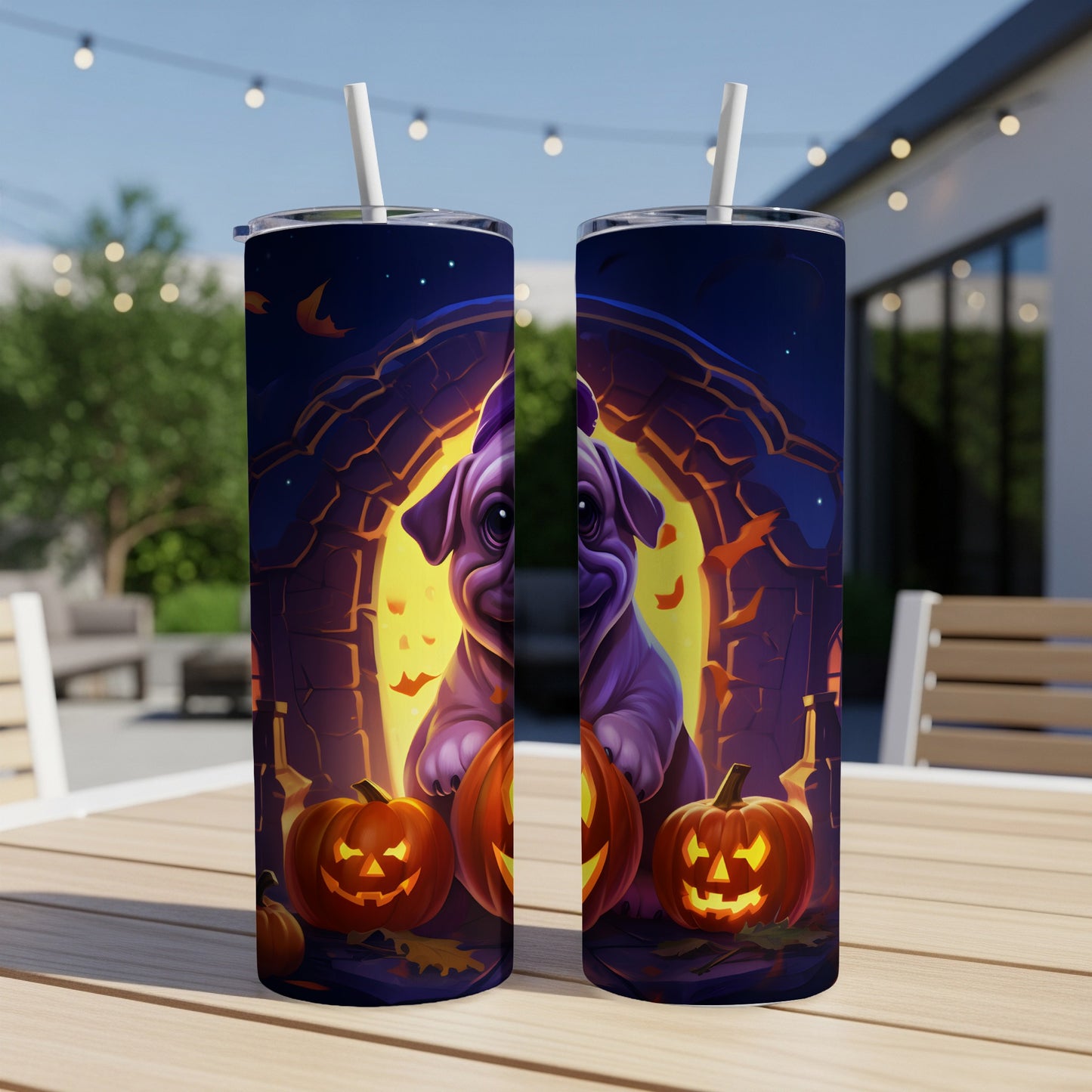 Two Halloween themed tumblers with a purple pug and jack-o-lanterns.