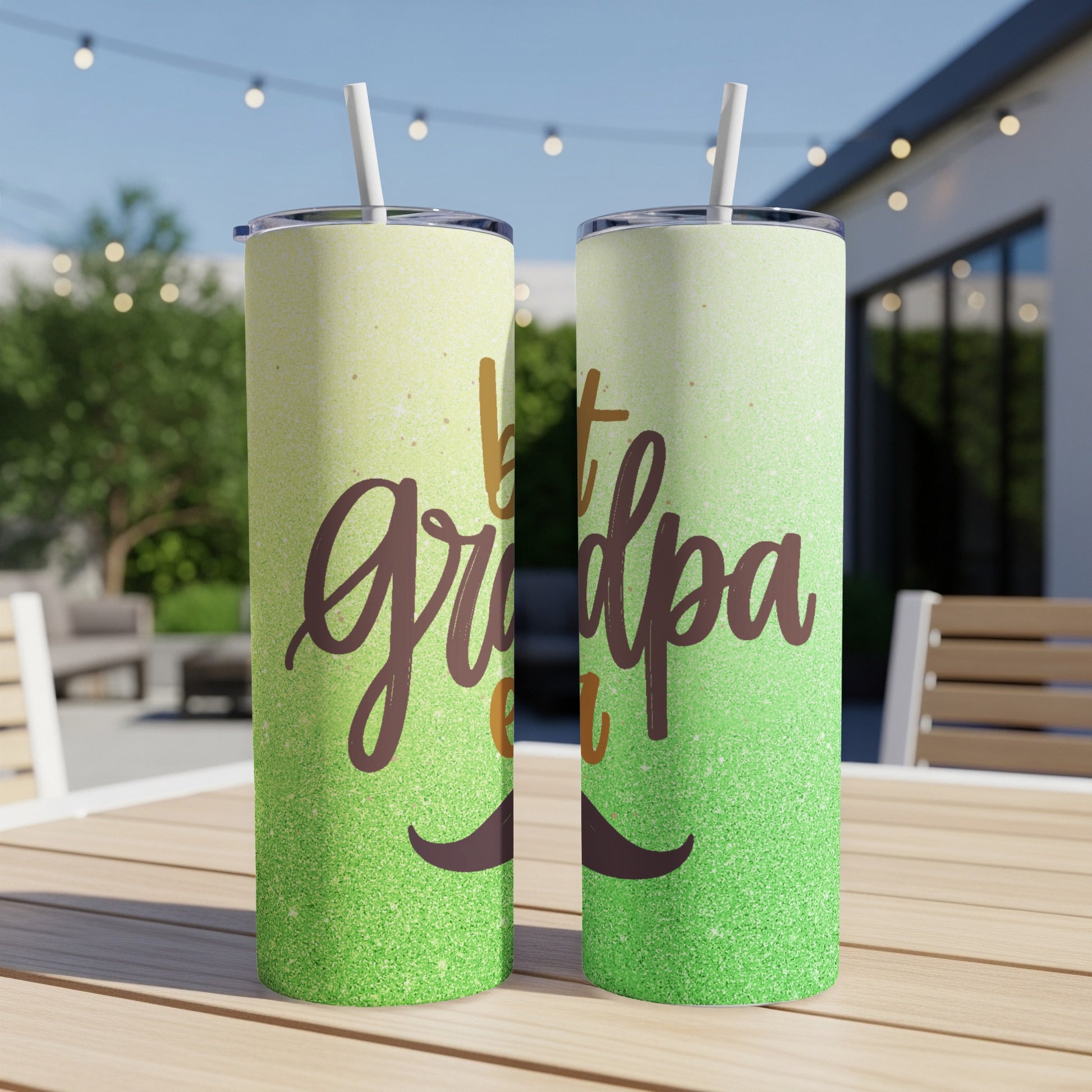 Two tall tumblers with "best grandpa ever" text and green glitter design.
