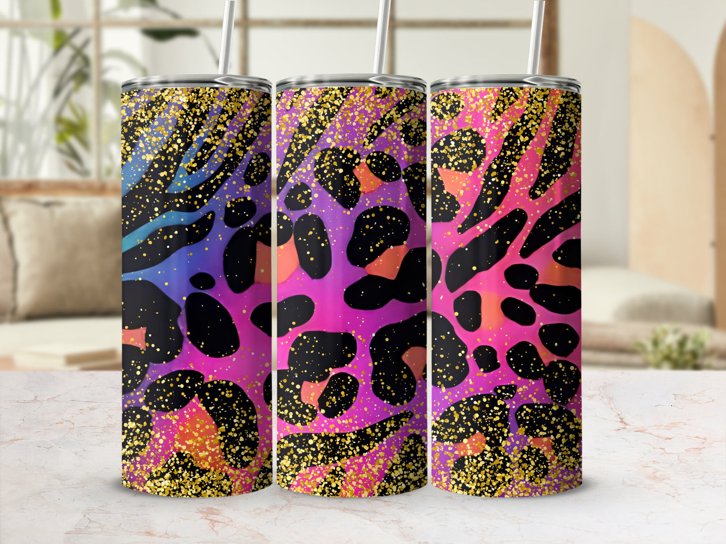 Colorful Glitter Leopard Print Stainless Steel Tumbler